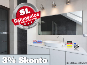 Infrarot Spiegelheizung ESG Glas Rahmenlos 900 Watt 140x60 slim-line