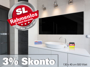 Infrarotheizung Rahmenlos ESG Glas schwarz Heizspiegel 500 Watt 130x40