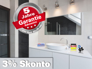 Infrarot Spiegelheizung Bad 250 Watt ESG Glas Rahmenlos 90x35 slim