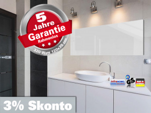 Infrarotheizung ESG Glas wei� und Spiegel 320 Watt Rahmenlos 120x35